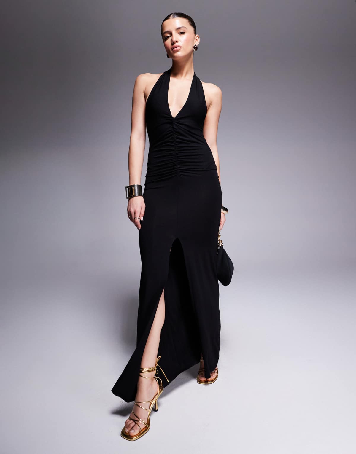 ASOS DESIGN halter with ruched twist detail maxi dress in black