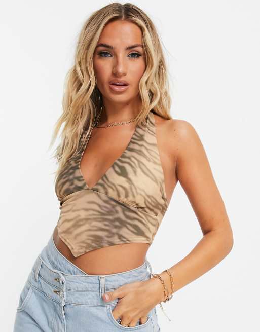 ASOS DESIGN halter with scarf hem in animal print 