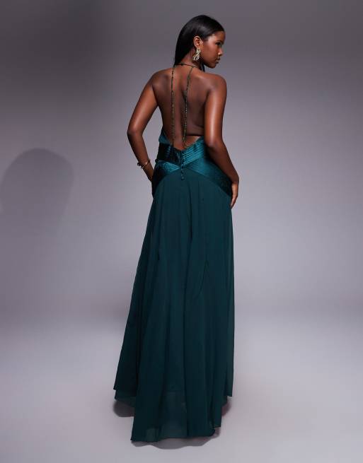 ASOS DESIGN halter wrap godet semi sheer panelled maxi dress with beaded straps in green, 3 of 4
