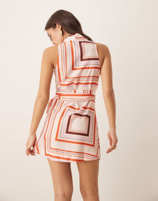 ASOS DESIGN halter wrap mini dress in scarf stripe print