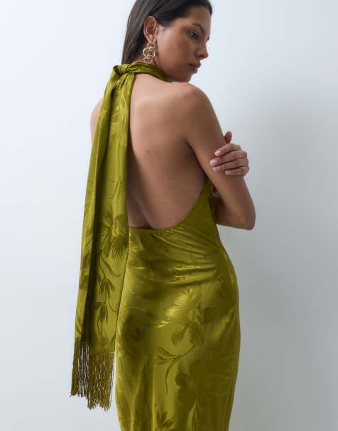 ASOS DESIGN halterjurk met sjaalkraag van satijnjacquard in khaki - view 1