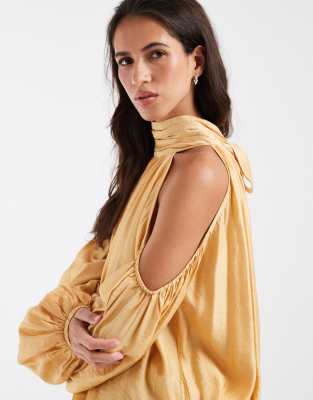 Asos Design Halterneck Cold Shoulder Volume Blouse In Multi