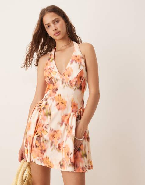 ASOS DESIGN halterneck corset detail mini dress with godets in vintage floral print - view 1
