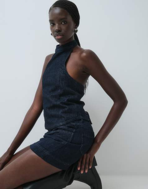 ASOS DESIGN Halterneck-Denim-Top mit Bindeband am Rücken in Rinse-Optik, Kombiteil - view 1