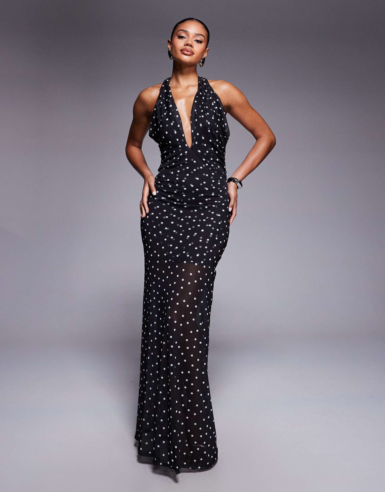 ДИЗАЙНЕРСКОЕ сетчатое макси-платье ASOS с высоким воротом и прозрачной юбкой в горошек