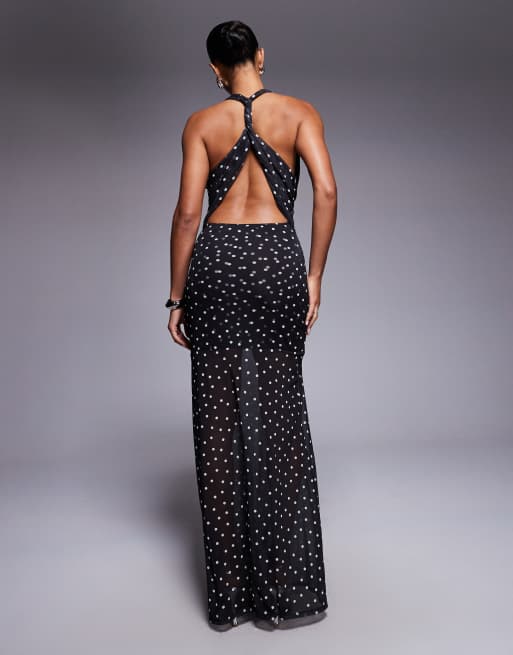 ASOS DESIGN halterneck detail mesh maxi dress with sheer skirt in polka dot print