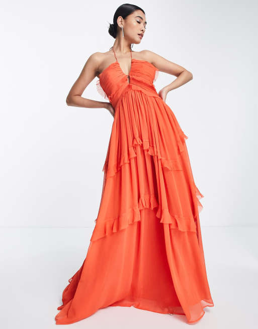 ASOS DESIGN halterneck keyhole detail tiered maxi dress in orange