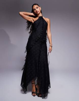 halterneck lace maxi dress with seam ruffle details in black-Brown