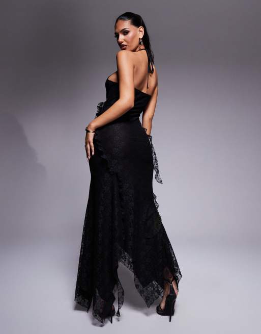 ASOS DESIGN halterneck lace maxi dress with seam ruffle details in black, 2 of 4