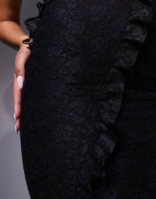 ASOS DESIGN halterneck lace maxi dress with seam ruffle details in black, 3 of 4