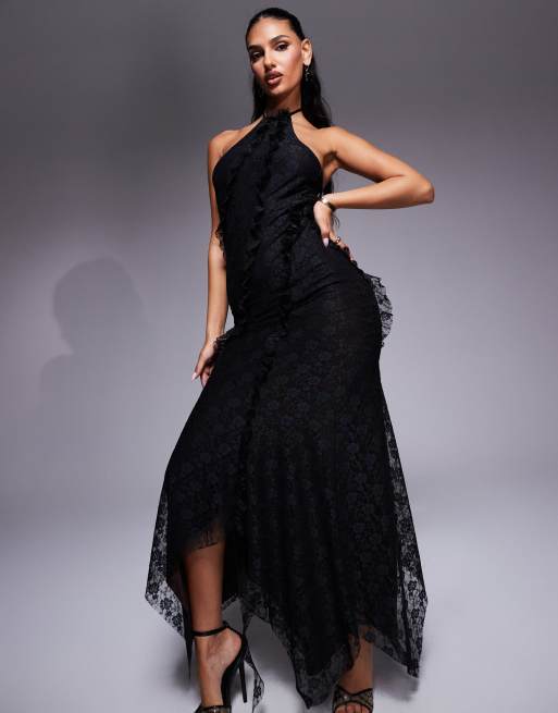 ASOS DESIGN halterneck lace maxi dress with seam ruffle details in black, 4 of 4
