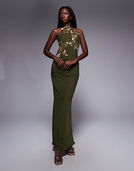 olive green dress floral | Midi Dress | Green Flower Dress | Ditsy Floral Print Custom design by Poet Zipper in the back Midi Olive Green Floral Silk Sundress
