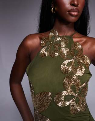 Asos Design Halterneck Maxi Dress With 3d Floral Embellishment In Gray