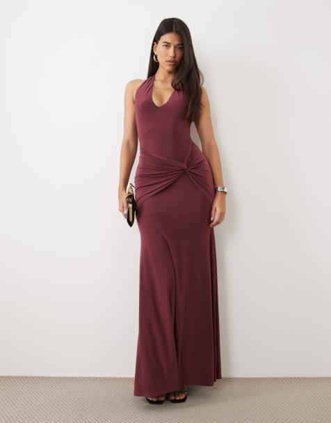 ASOS DESIGN halterneck maxi dress with twisted waist detail in wine - view 1