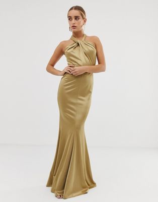 ASOS DESIGN halterneck maxi-kjole med fiskehale-nederdel-Guld