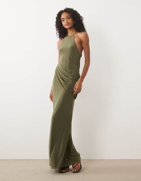 ASOS DESIGN halterneck maxikjole med draperet detalje i khaki - view 1