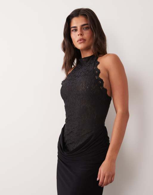 ASOS DESIGN halterneck maxikjole med høj hals og blonder og draperet skørt i sort, 4 af 4