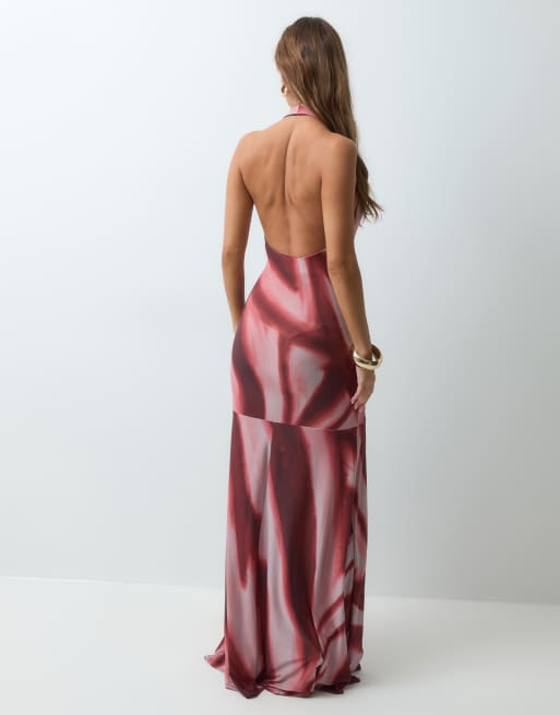 ASOS DESIGN halterneck maxiklänning med tvinnad midjedetalj i abstrakt tryck, 3 av 4
