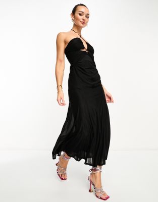 Asos Design Halterneck Mesh Midi Dress With Godets In Black