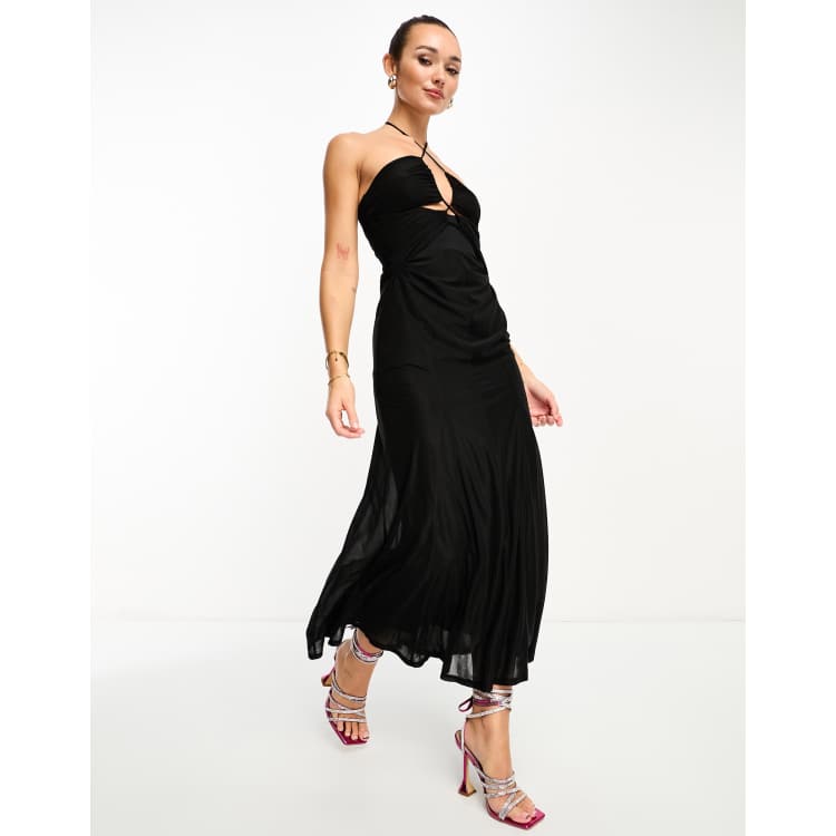 ASOS DESIGN halterneck mesh midi dress with godets in black