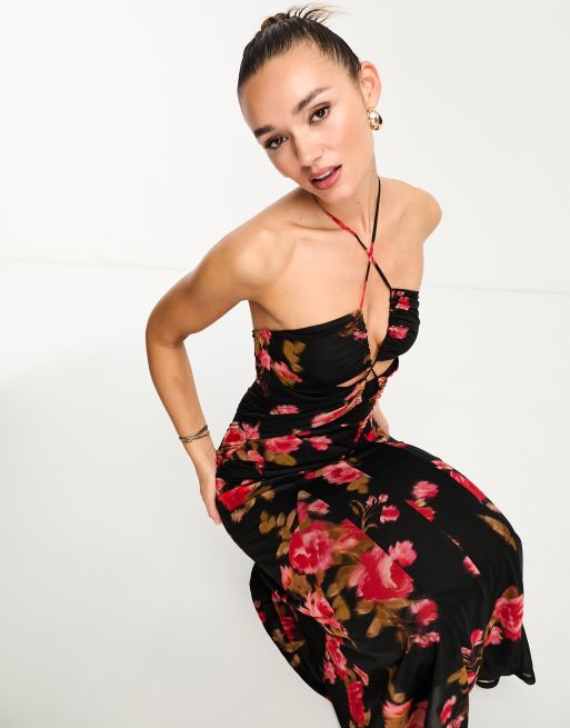 ASOS DESIGN halterneck mesh midi dress with godets in red floral