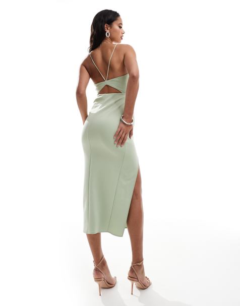 ASOS DESIGN halterneck midi dress with wrap skirt in sage green - view 1