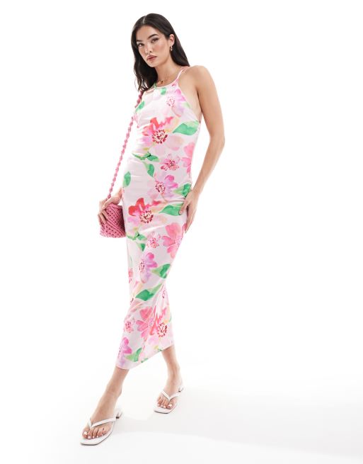 ASOS DESIGN - Halterneck-midikjole med snoet ryg og pink blomstermønster, 4 af 4