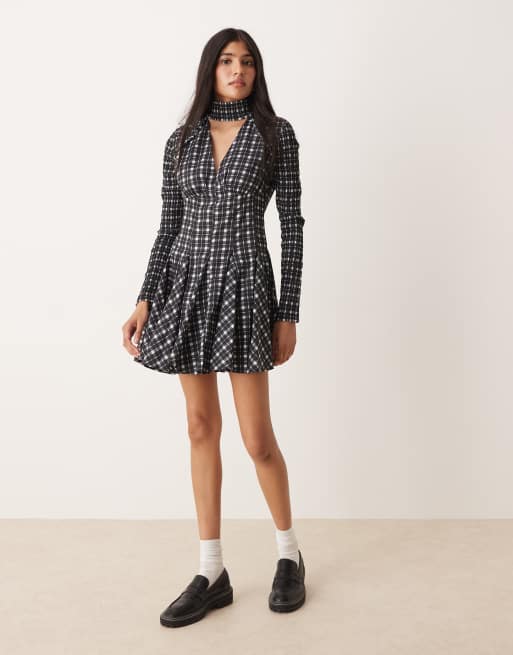 ASOS DESIGN halterneck mini dress in black and white plaid