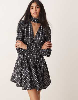 ASOS DESIGN halterneck mini dress in mono check-Multi