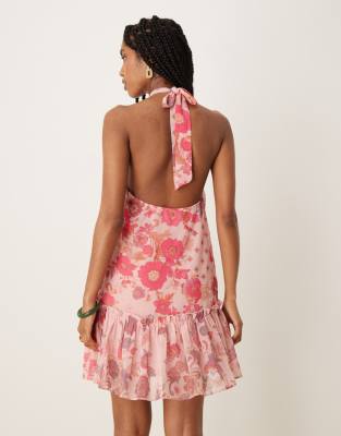 Asos Design Halterneck Mini Dress With Ruffle Hem In Pink
