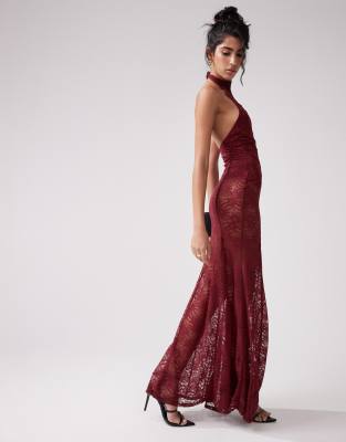 Asos Design Halterneck Paneled Sheer Lace Maxi Dress In Burgundy-red