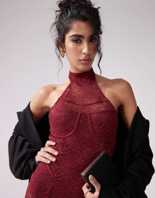 ASOS DESIGN halterneck paneled sheer lace maxi dress in burgundy