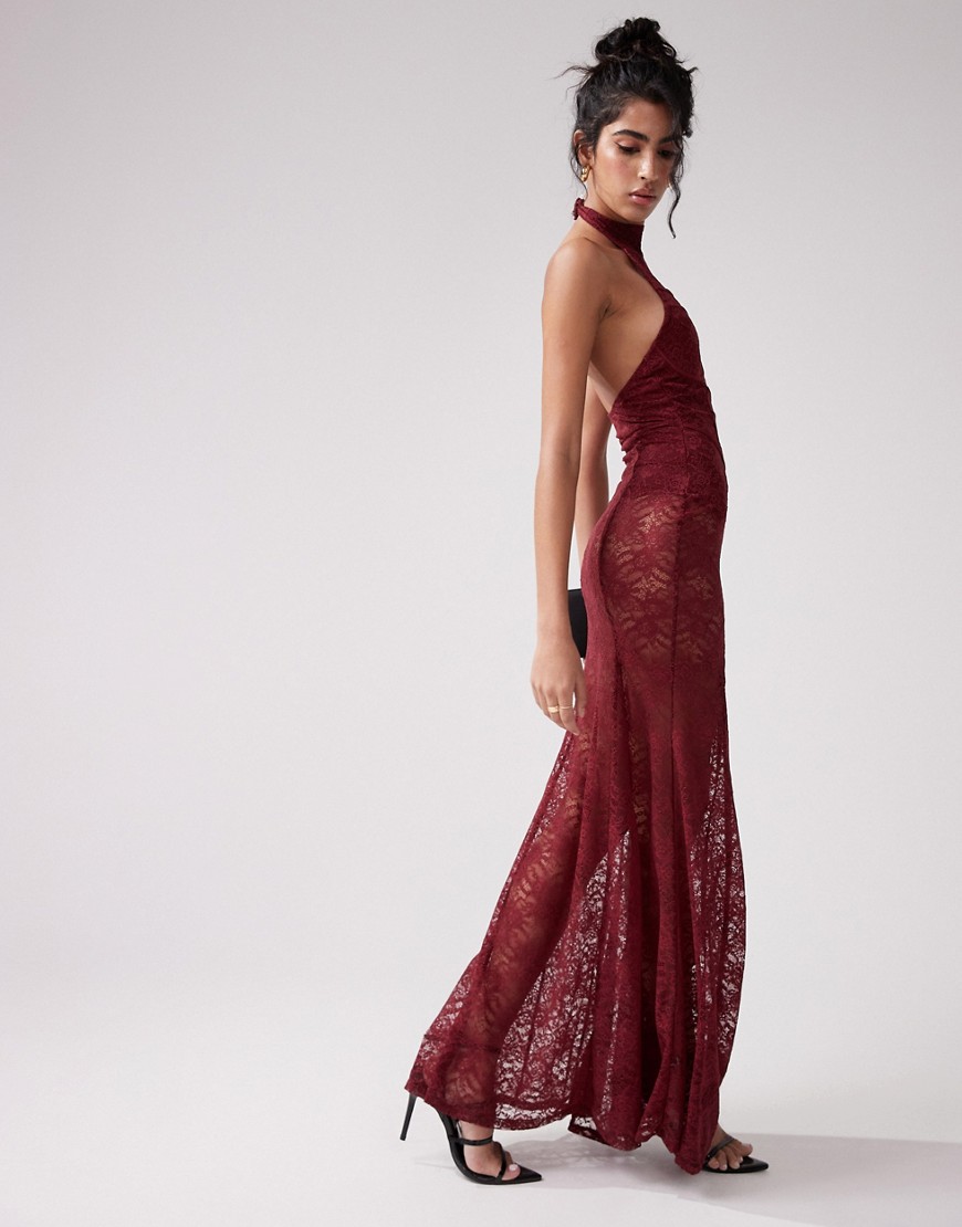 ASOS DESIGN halterneck panelled sheer lace maxi dress in burgundy-Red