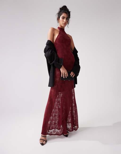 ASOS DESIGN halterneck panelled sheer lace maxi dress in burgundy