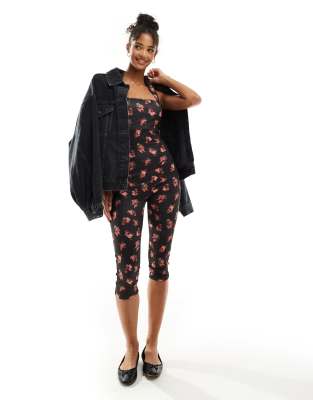 Asos Design Halterneck Pedal Pusher Jumpsuit With Square Neckline In Black Ditsy Floral-multi