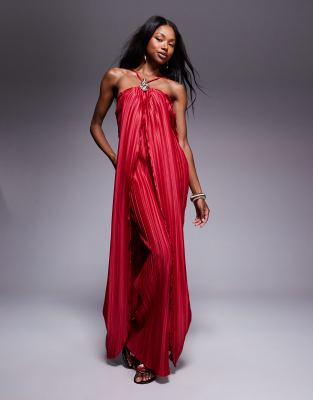 Asos Design Halterneck Plisse Drape Maxi Dress With Oyster Gold Trim In Burgundy