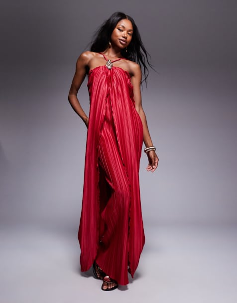 ASOS DESIGN halterneck plisse drape maxi dress with oyster gold trim in red - view 1