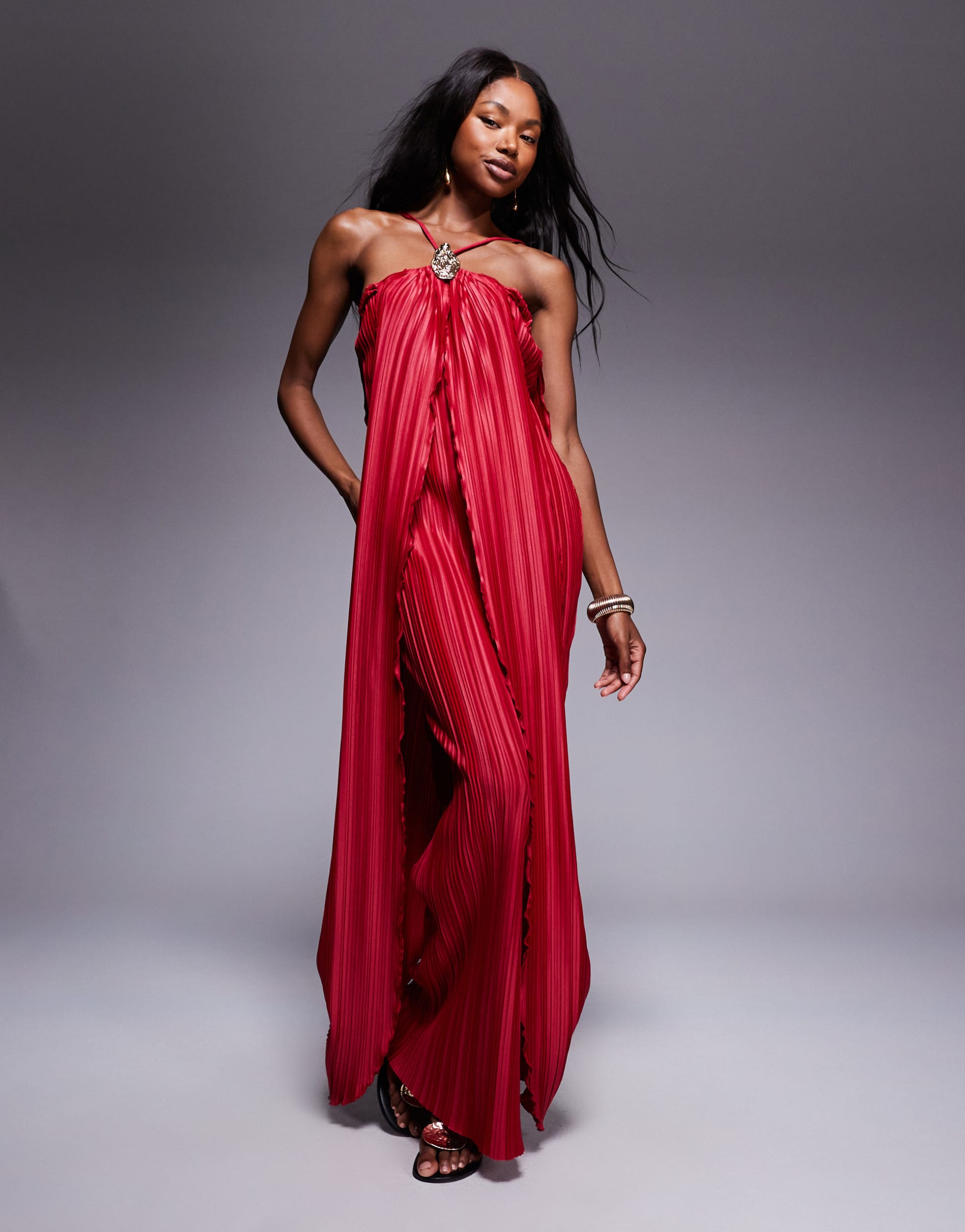 asos design halterneck plisse drape maxi dress with oyster gold trim in red
