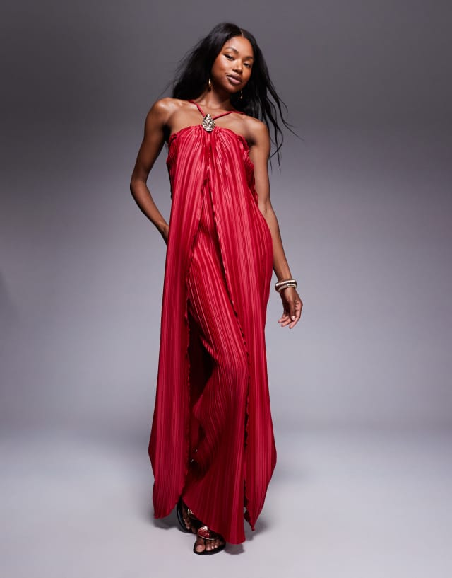 red and gold summer dress ASOS DESIGN halterneck plisse drape maxi with oyster trim in Web Collection: Resort wear