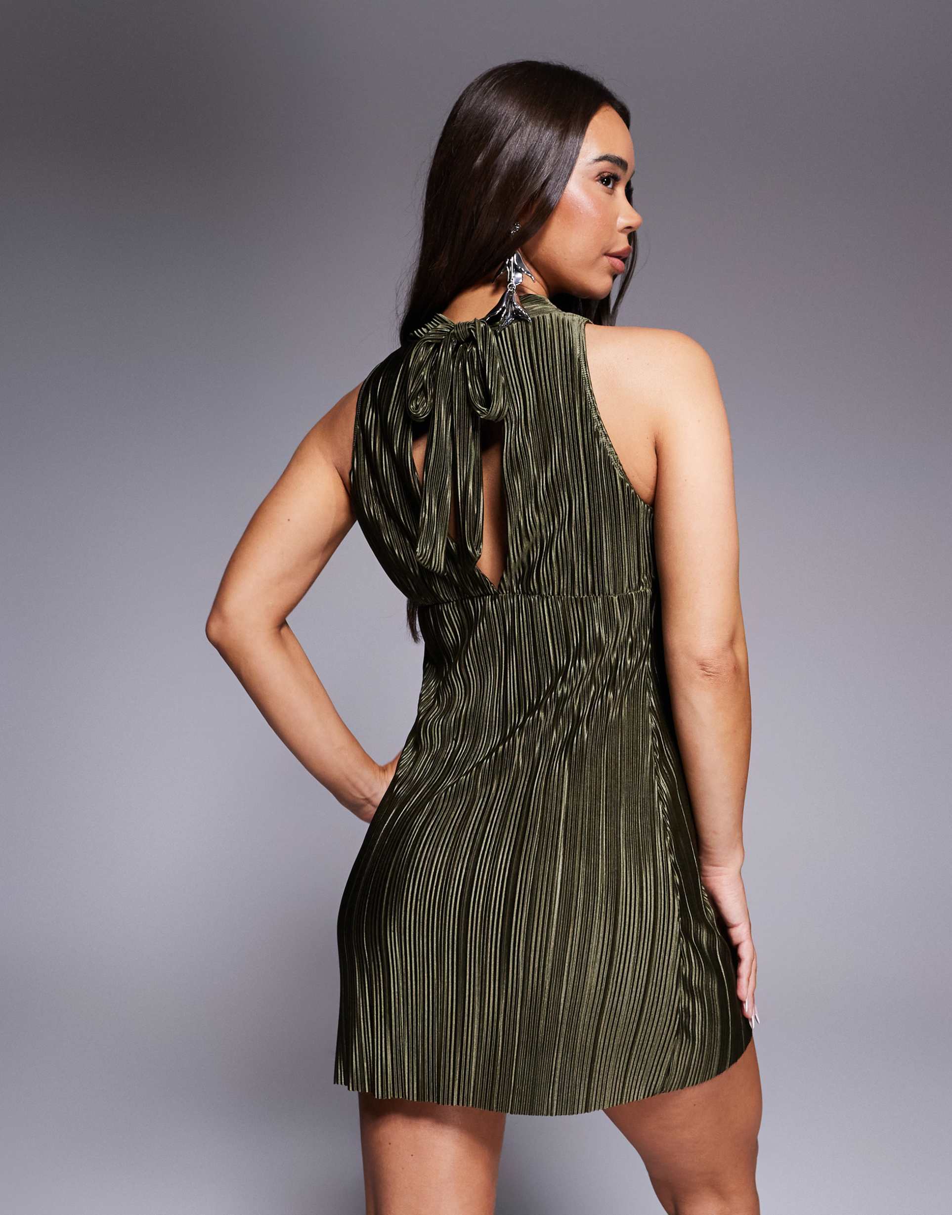 asos design halterneck plisse dress in khaki
