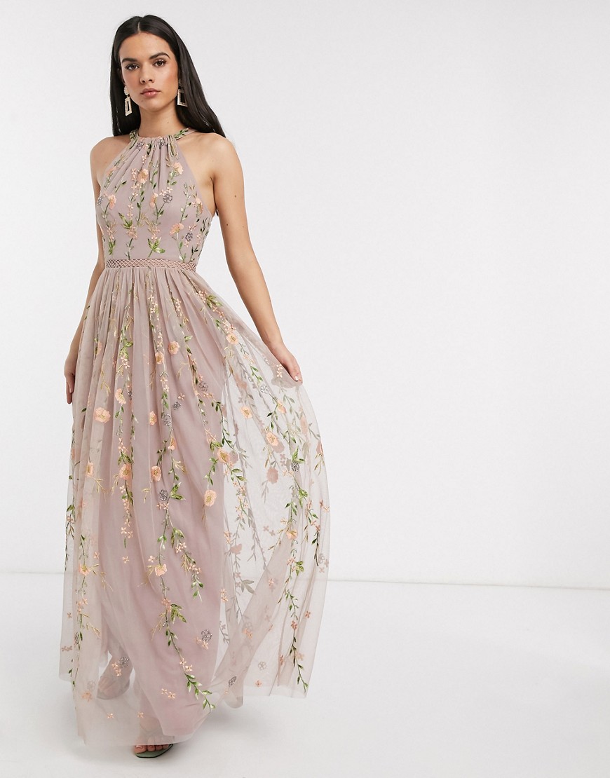 ASOS DESIGN halterneck pretty embroidered floral and sequin mesh maxi dress in mauve-Purple