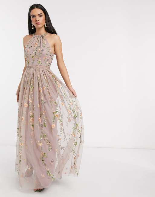 ASOS DESIGN halterneck pretty embroidered floral and sequin mesh maxi dress  in mauve