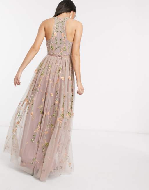 Asos design pretty embroidered floral and sequin store mesh maxi dress