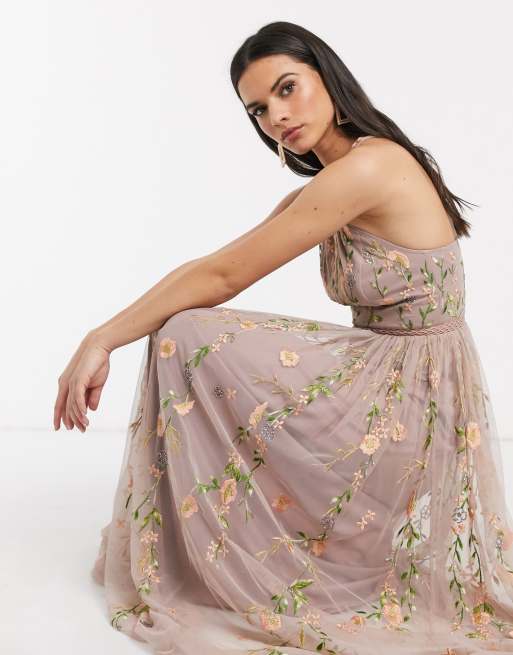 Asos design tulle maxi dress with 2024 delicate floral embroidery and twist straps