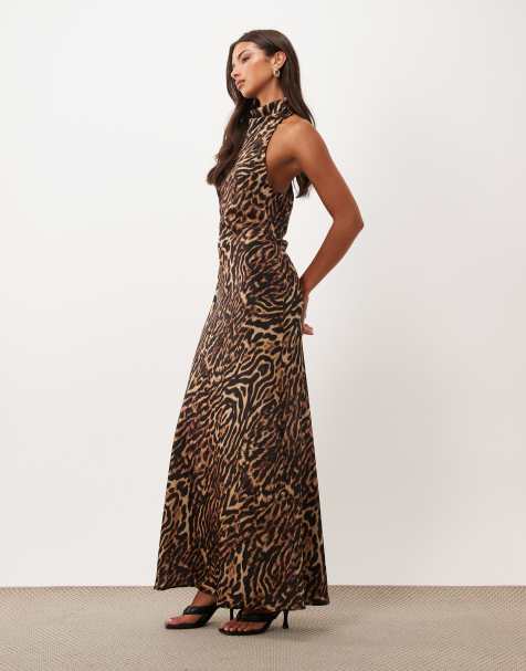 ASOS DESIGN halterneck satin maxikjole med dyreprint - view 1
