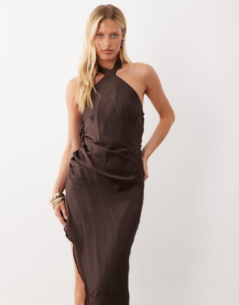 ASOS DESIGN halterneck scarf detail asymmetric satin midaxi dress in dark chocolate - view 1