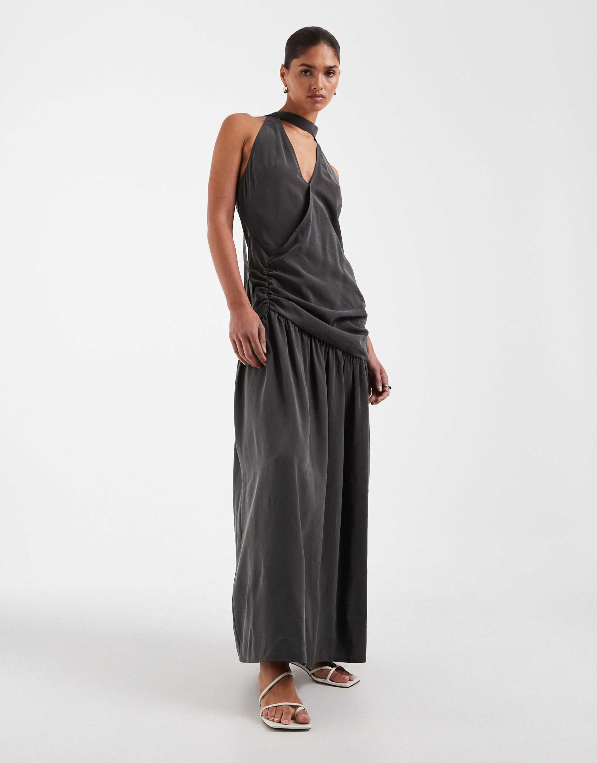 asos design halterneck scarf detail drop waist maxi dress in charcoal