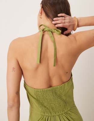 Asos Design Halterneck Seamed Jumspuit With Wide Leg In Green