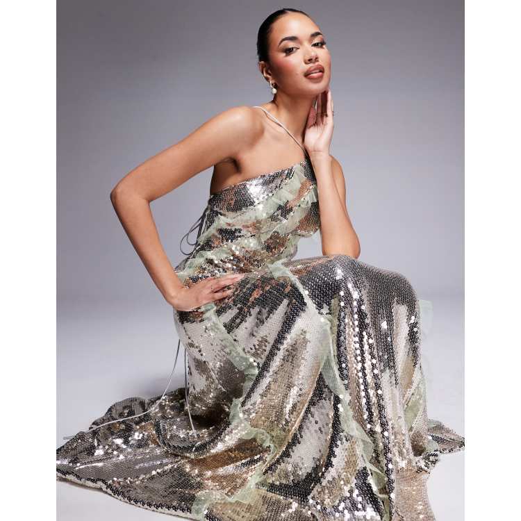 ASOS DESIGN halterneck sequin maxi dress in silver sequin with mesh ruffle  inserts in silver | ASOS