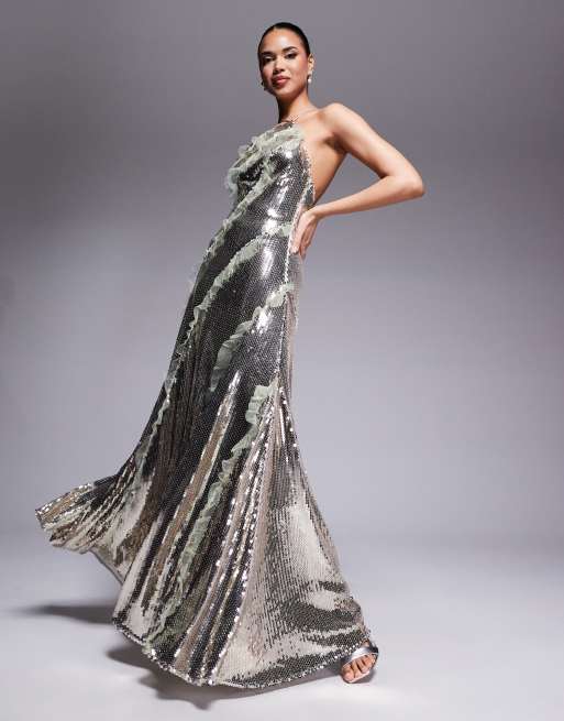 ASOS DESIGN halterneck sequin maxi dress in silver sequin with mesh ruffle inserts in silver